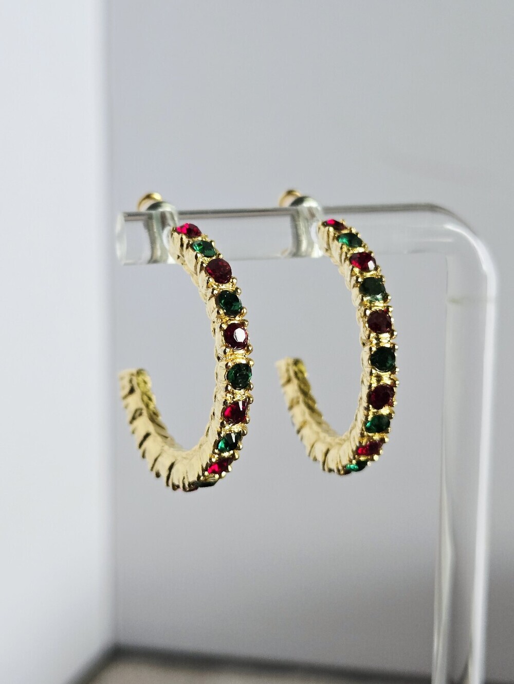 Vintage Gold Tone Hoop Earrings with Red and Green Stones - Picture 12 of 16